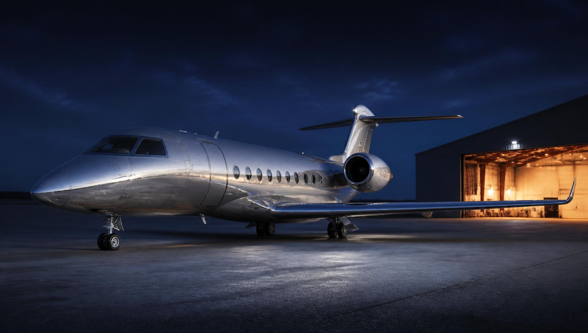 Executive government aviation aircraft on a hangar ramp at dusk